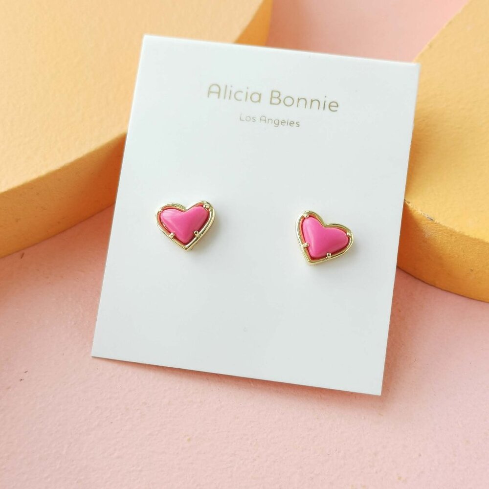 Alicia Bonnie - in Love Magenta Pink Magnesite Gold Heart Stud Earrings - NEW